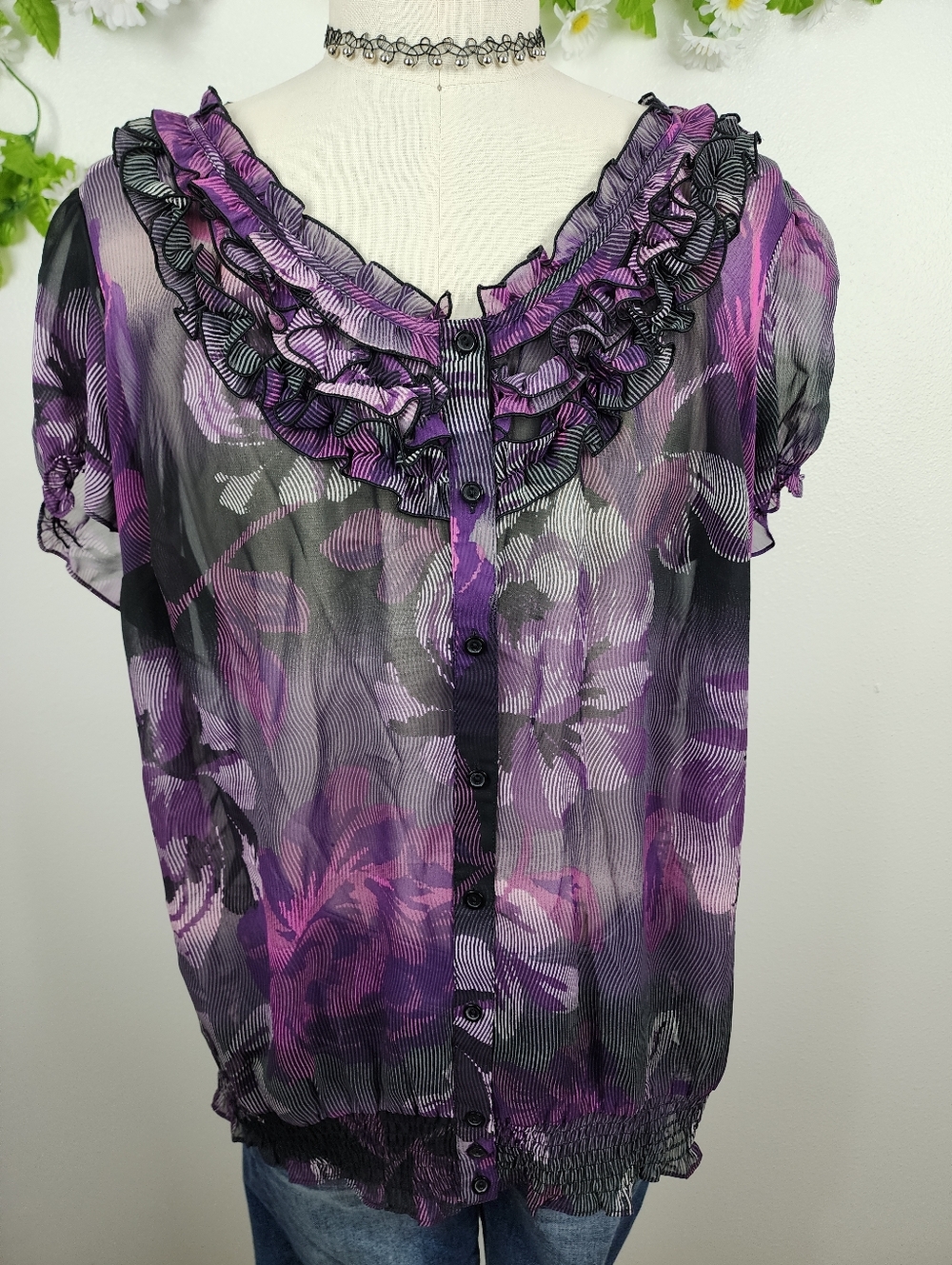 East 5th Sheer Purple Top - Floral Ruffle Button-Front Sz 2x